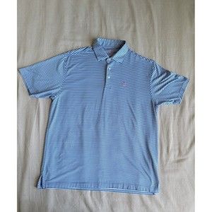 Rhoback Mens L Polo Shirt Blue Stripe Stretch Performancd Golf Casual Logo EUC